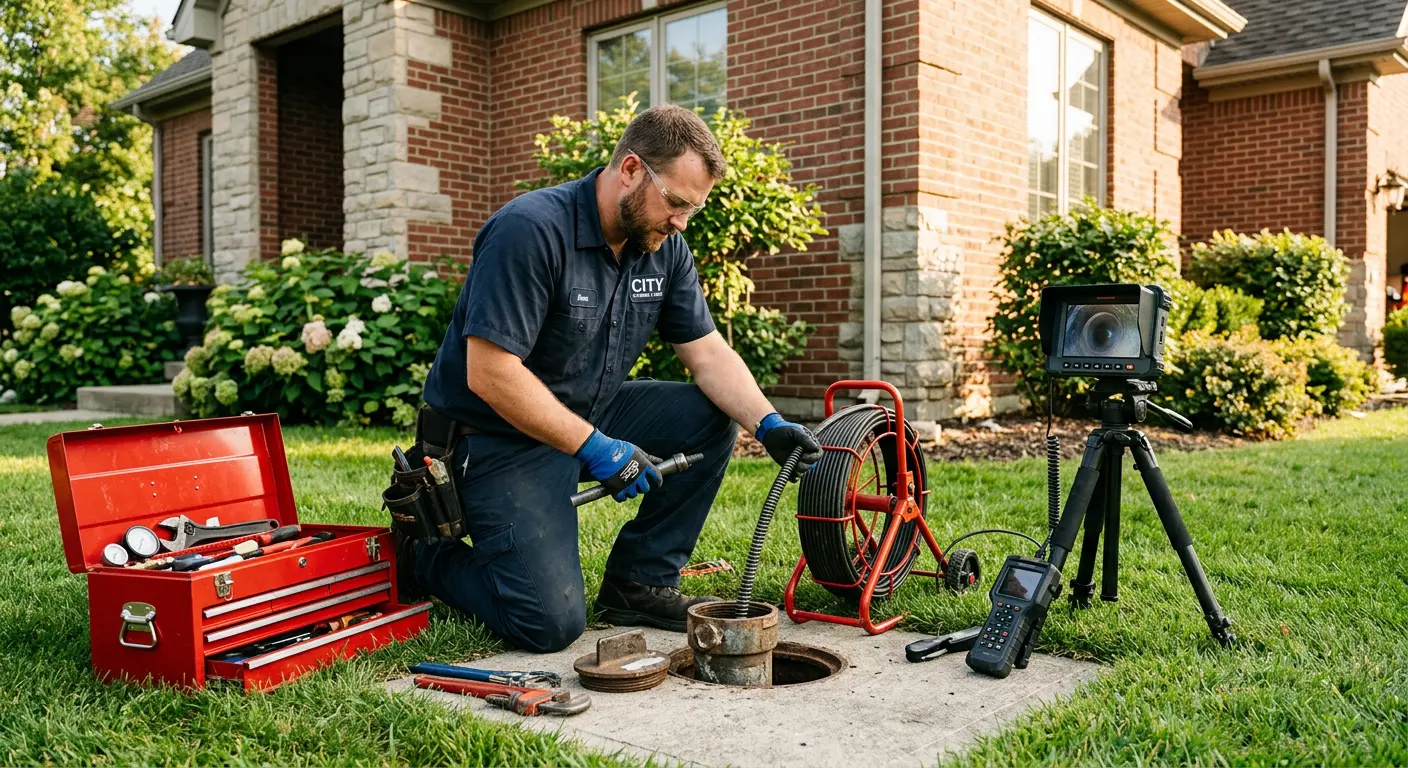 Sewer specialist with camera equipment servicing a cleanout in Edgewood
