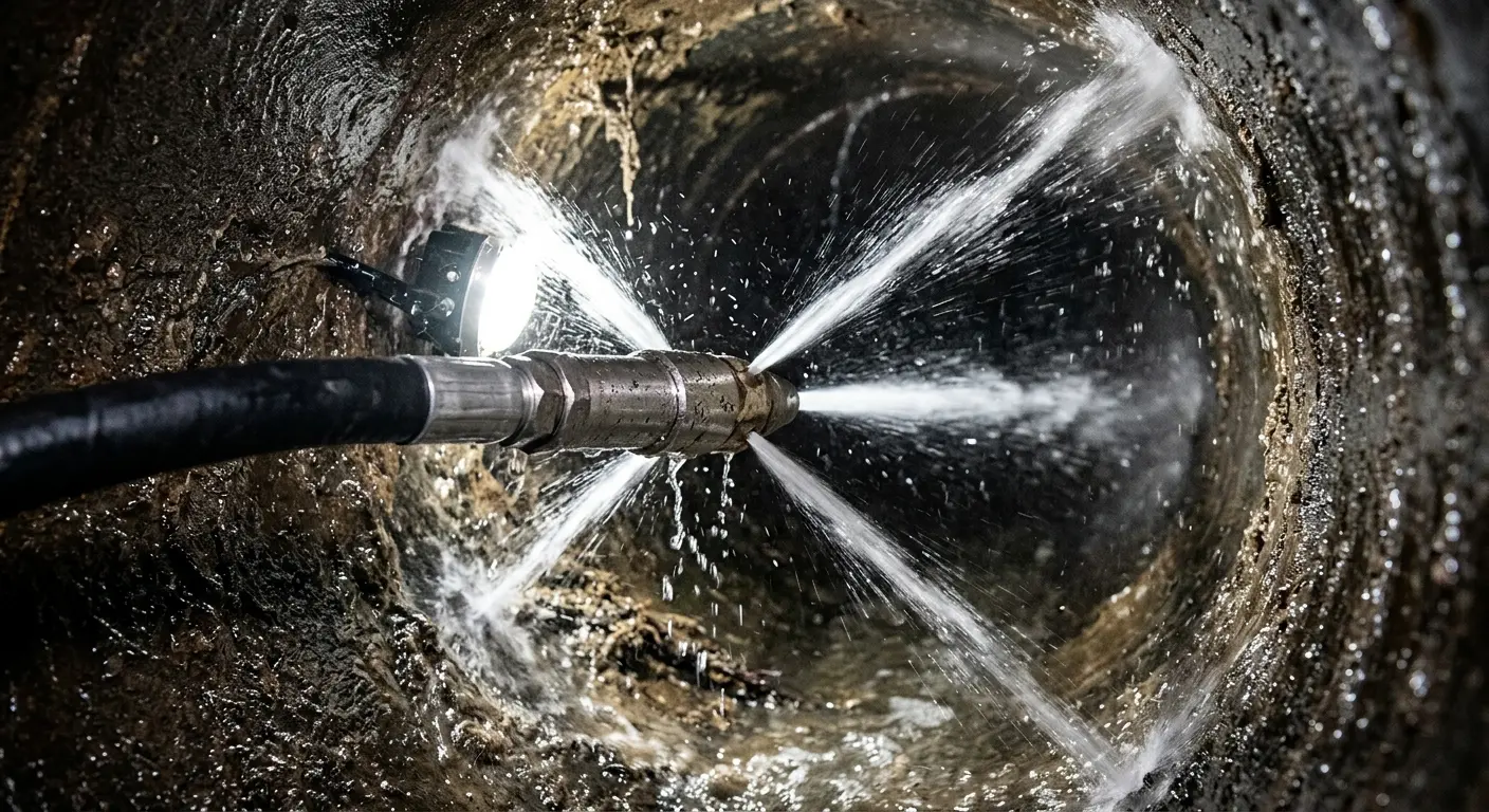 High-pressure hydro jetting nozzle cleaning sewer pipe for Trenchless Sewer Repair in Edgewood