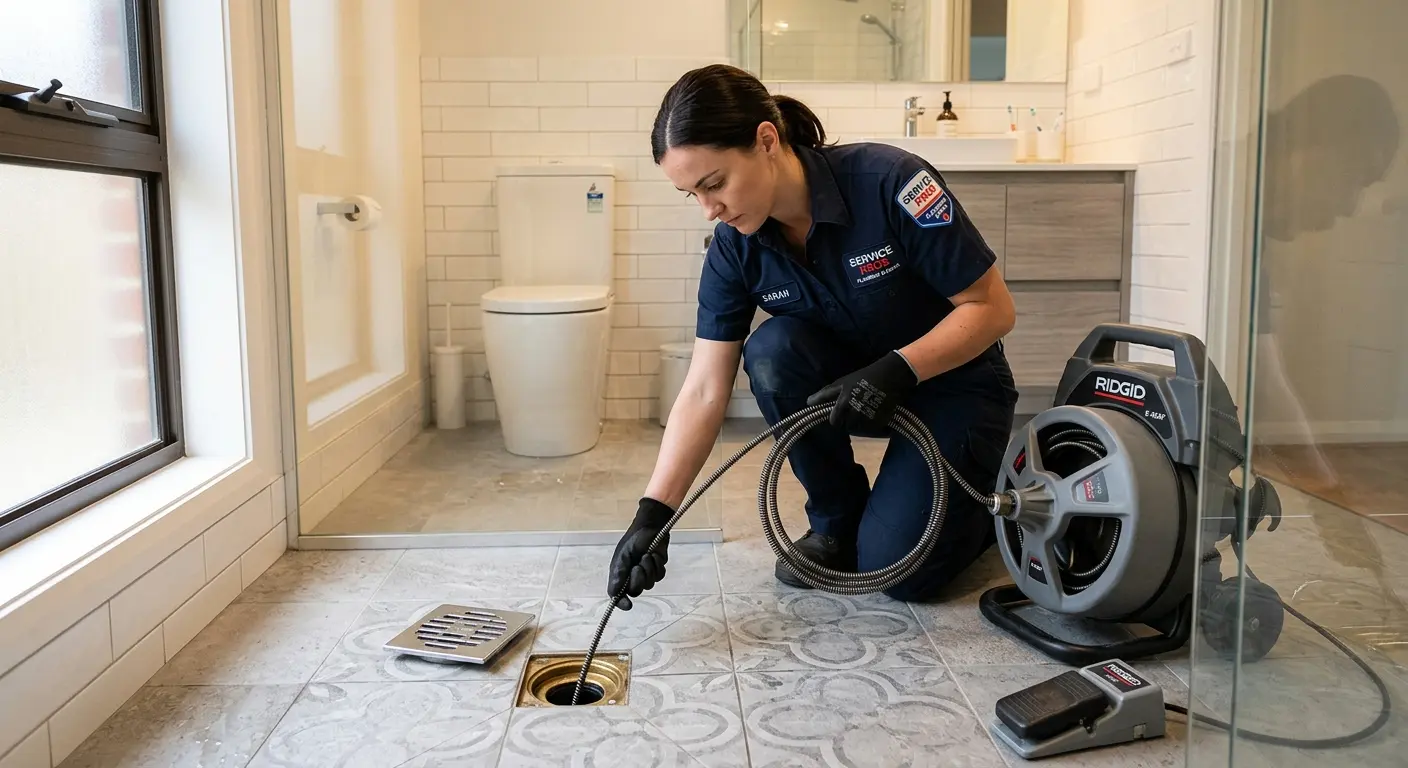 Technician clearing a bathroom floor drain for Drain Cleaning in Edgewood